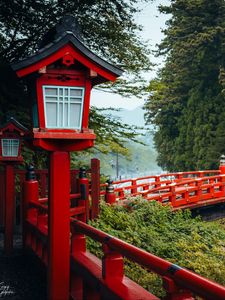 Preview wallpaper bridge, red, lights, forest, japan