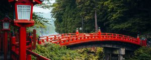 Preview wallpaper bridge, red, lights, forest, japan