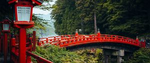 Preview wallpaper bridge, red, lights, forest, japan