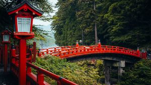 Preview wallpaper bridge, red, lights, forest, japan