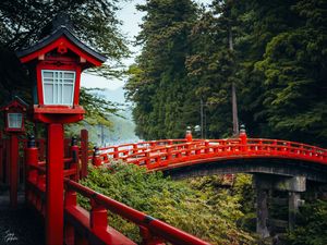 Preview wallpaper bridge, red, lights, forest, japan