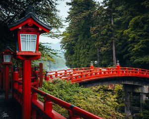 Preview wallpaper bridge, red, lights, forest, japan