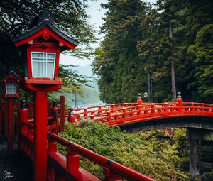 Preview wallpaper bridge, red, lights, forest, japan