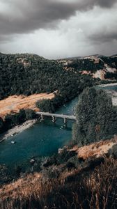 Preview wallpaper bridge, river, aerial view, mountains, landscape, clouds