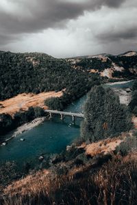 Preview wallpaper bridge, river, aerial view, mountains, landscape, clouds