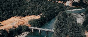 Preview wallpaper bridge, river, aerial view, mountains, landscape, clouds