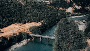 Preview wallpaper bridge, river, aerial view, mountains, landscape, clouds