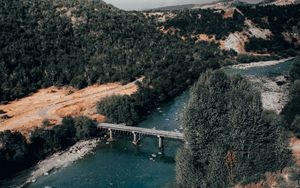 Preview wallpaper bridge, river, aerial view, mountains, landscape, clouds