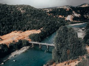 Preview wallpaper bridge, river, aerial view, mountains, landscape, clouds