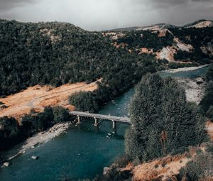 Preview wallpaper bridge, river, aerial view, mountains, landscape, clouds