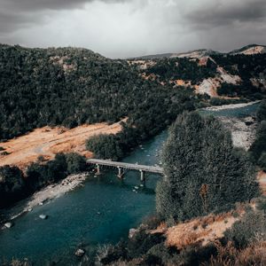 Preview wallpaper bridge, river, aerial view, mountains, landscape, clouds
