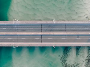 Preview wallpaper bridge, river, aerial view, road, water