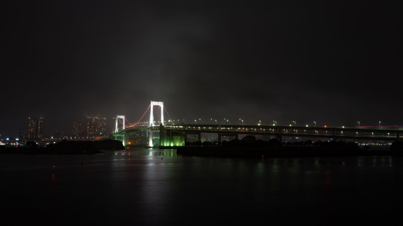 Wallpaper bridge, river, backlight, night city, fog