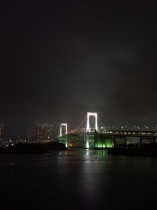 Preview wallpaper bridge, river, backlight, night city, fog