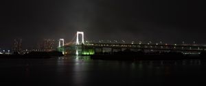 Preview wallpaper bridge, river, backlight, night city, fog