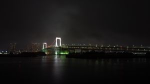 Preview wallpaper bridge, river, backlight, night city, fog