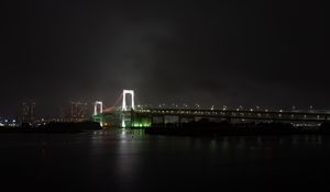 Preview wallpaper bridge, river, backlight, night city, fog