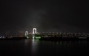 Preview wallpaper bridge, river, backlight, night city, fog