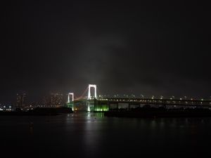 Preview wallpaper bridge, river, backlight, night city, fog