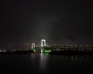 Preview wallpaper bridge, river, backlight, night city, fog