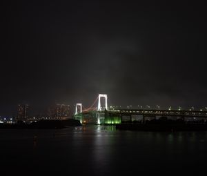 Preview wallpaper bridge, river, backlight, night city, fog