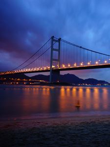Preview wallpaper bridge, river, beach, dusk, lights