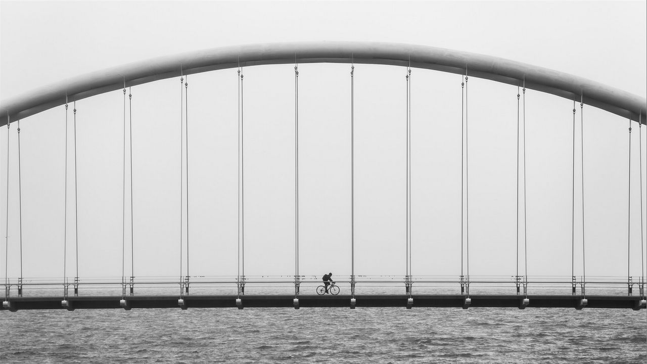 Wallpaper bridge, river, bicycle, bw