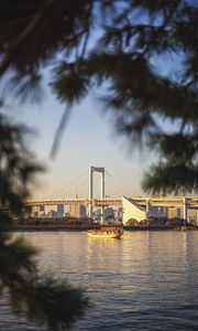 Preview wallpaper bridge, river, boat, branches