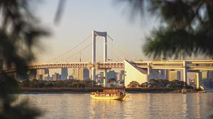 Preview wallpaper bridge, river, boat, branches