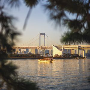 Preview wallpaper bridge, river, boat, branches