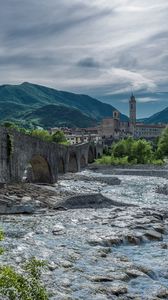 Preview wallpaper bridge, river, building, mountain