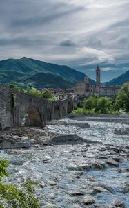 Preview wallpaper bridge, river, building, mountain