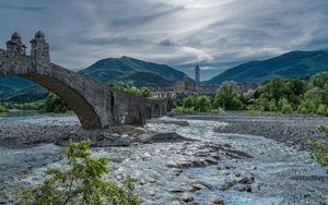 Preview wallpaper bridge, river, building, mountain