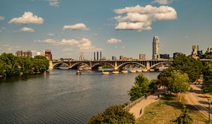 Preview wallpaper bridge, river, buildings, trees, clouds, sky