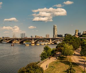 Preview wallpaper bridge, river, buildings, trees, clouds, sky