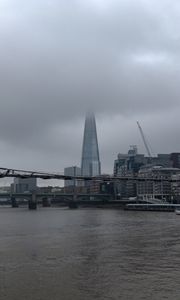 Preview wallpaper bridge, river, buildings, fog, construction