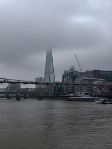 Preview wallpaper bridge, river, buildings, fog, construction