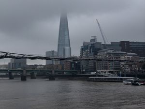Preview wallpaper bridge, river, buildings, fog, construction