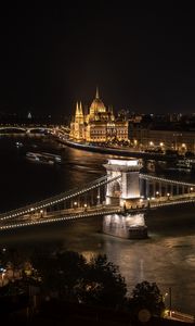 Preview wallpaper bridge, river, buildings, tower, lights, night, city