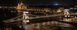 Preview wallpaper bridge, river, buildings, tower, lights, night, city