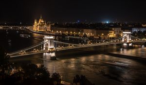 Preview wallpaper bridge, river, buildings, tower, lights, night, city