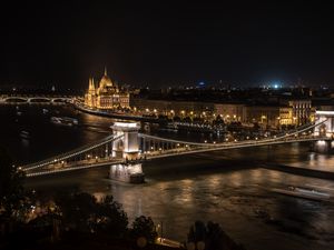 Preview wallpaper bridge, river, buildings, tower, lights, night, city