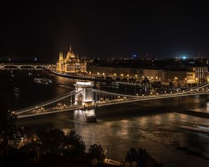 Preview wallpaper bridge, river, buildings, tower, lights, night, city