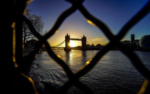 Preview wallpaper bridge, river, buildings, city, sunrise