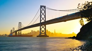 Preview wallpaper bridge, river, buildings, city, fog