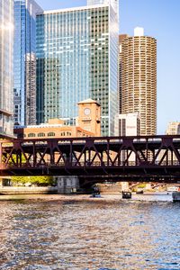 Preview wallpaper bridge, river, buildings, skyscrapers, yacht, city