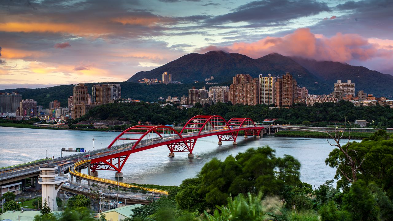 Wallpaper bridge, river, buildings, city, trees