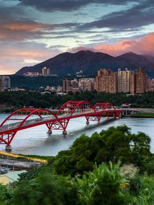 Preview wallpaper bridge, river, buildings, city, trees