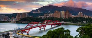 Preview wallpaper bridge, river, buildings, city, trees