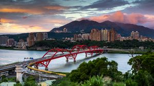 Preview wallpaper bridge, river, buildings, city, trees